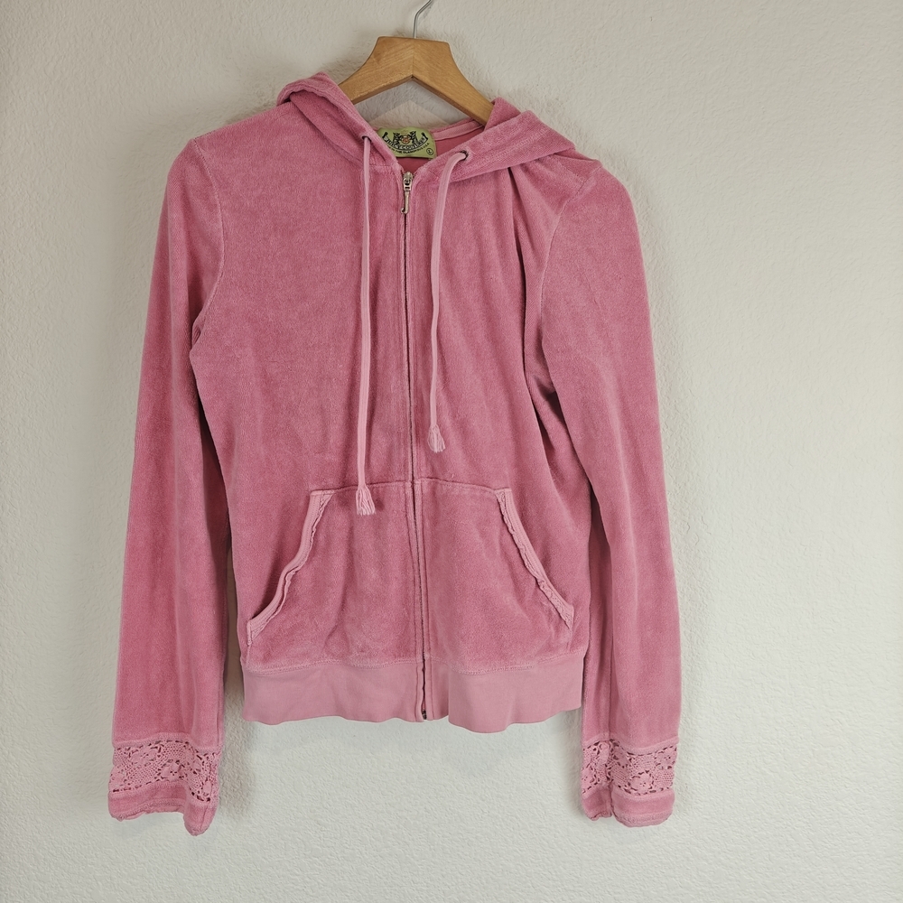 Vintage Y2K McBling Juicy Couture Pink Velour Zip Hoodie Lace Cuff Large
